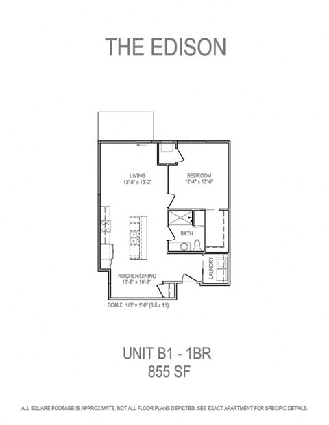 Floor plan for 1 bed, 1 bath, 855 sqft